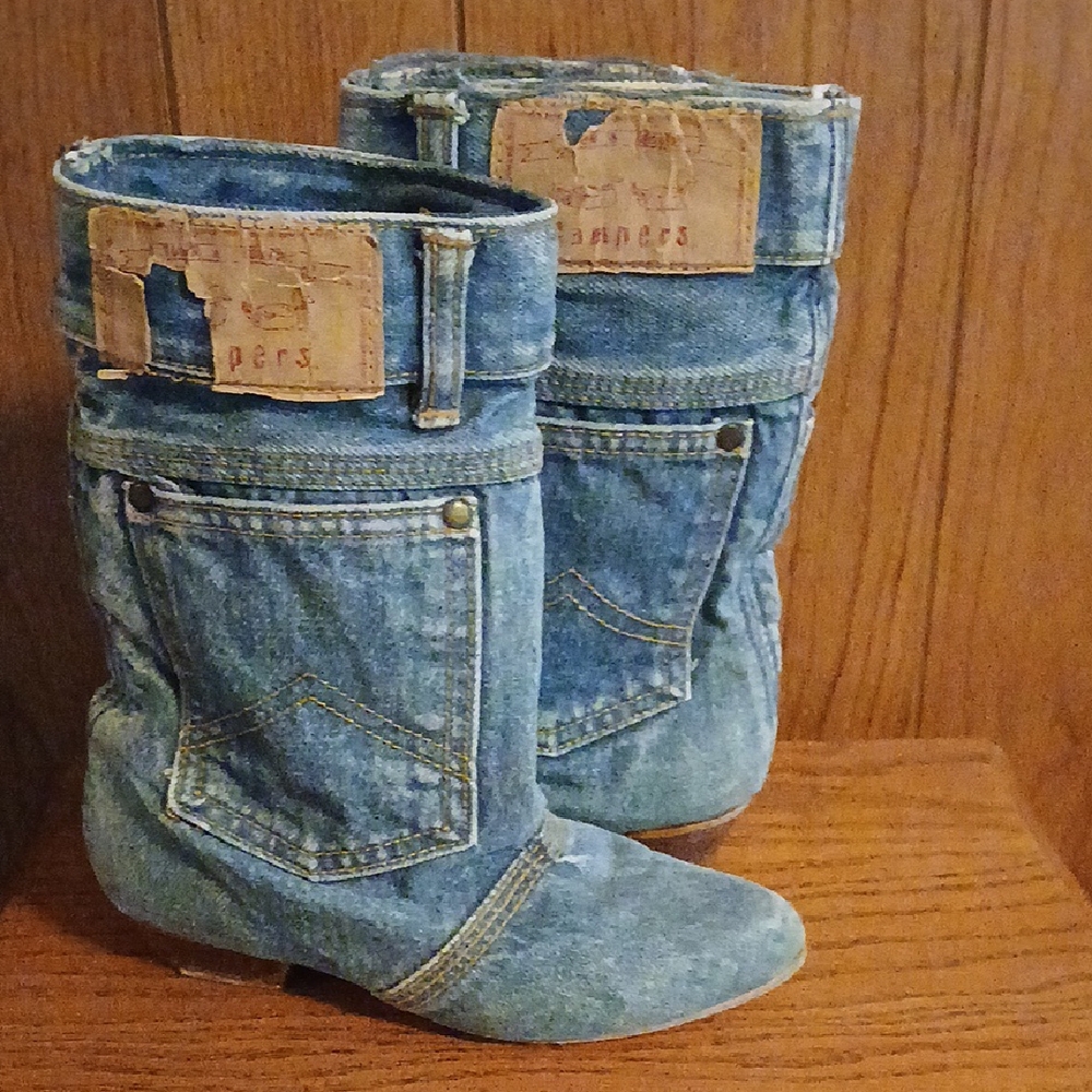 Denim Mid-Calf Women's Booties - Blue
